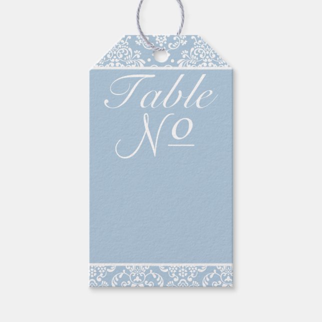 Étiquettes-cadeau Numéro de table de réception Mariage damassé bleu  (Devant)