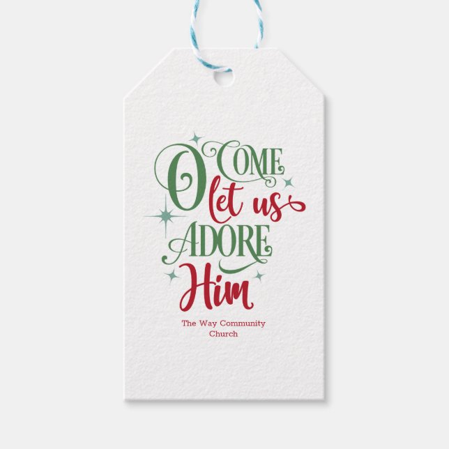 Étiquettes-cadeau O Venez Laissez-Nous L'Adorer Rouge Vert Élégant (Devant)