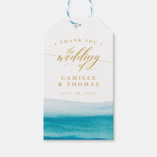 Étiquettes-cadeau Ocean Watercolor Gold Script Plage Mariage
