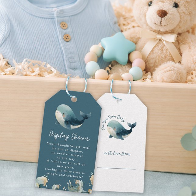 Étiquettes-cadeau Ocean Whale Turquoise Display Baby Shower (front and back view)