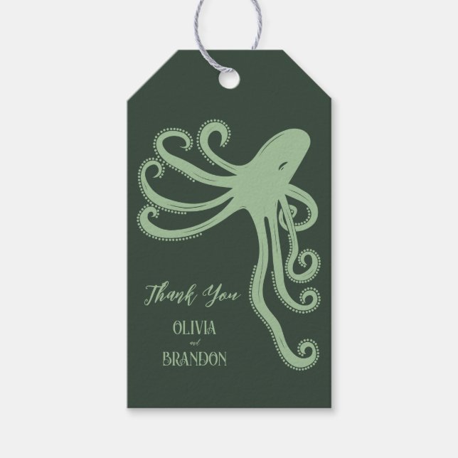 Étiquettes-cadeau Octopus Deep Sea Mariage moderne, vert (Devant)
