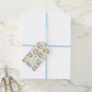 Étiquettes-cadeau Œufs de Pâques et Lapins au pastel Fleurs et Papil