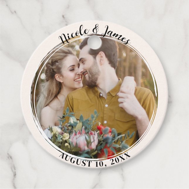 Étiquettes Cadeau Off White Minimal Mariage photo ronde tendance (Devant)