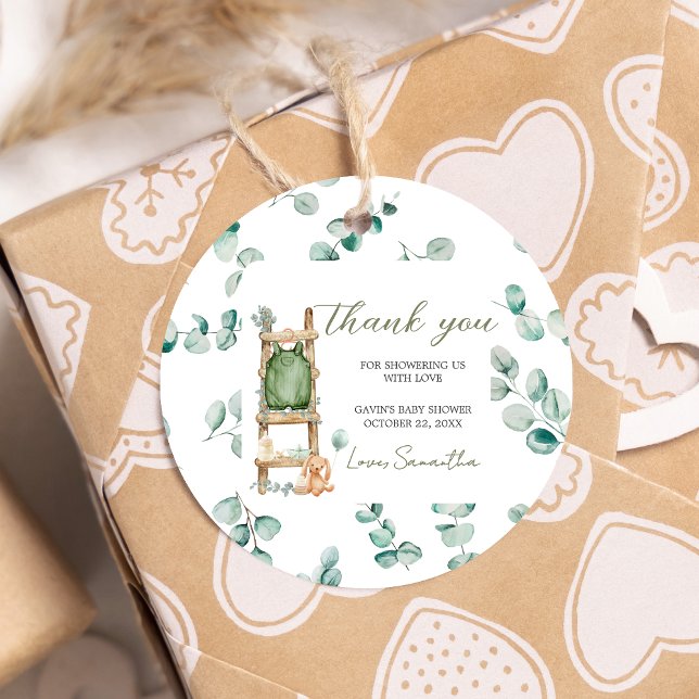 Étiquettes Cadeau Oh Baby Boho Eucalyptus Baby shower rond (Oh Baby Greenery Baby Shower Round Favor Tags)