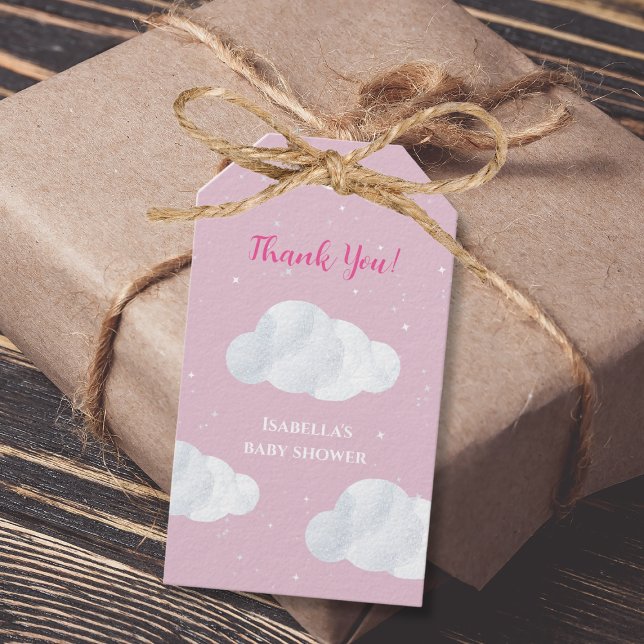 Étiquettes-cadeau Oh Baby Girl Pink Nuds Sky Stars Baby shower (Girl baby shower clouds pink sky stars)