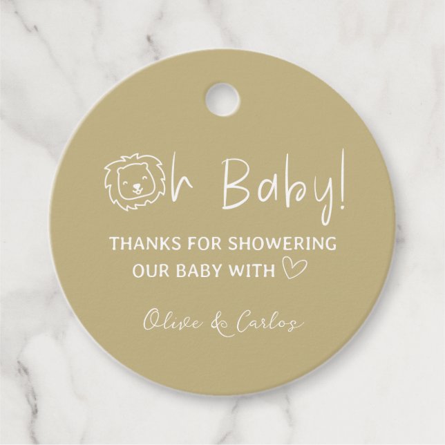 Étiquettes Cadeau Oh Baby Lion et Baby shower de Merci du coeur (Devant)