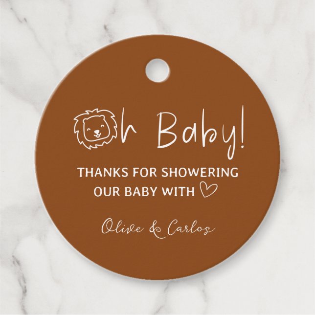 Étiquettes Cadeau Oh Baby Lion et Baby shower de Merci du coeur (Devant)
