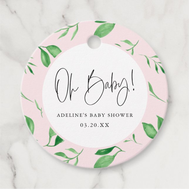 Étiquettes Cadeau Oh Baby Rose Aquarelle Vert Baby shower d'impressi (Devant)