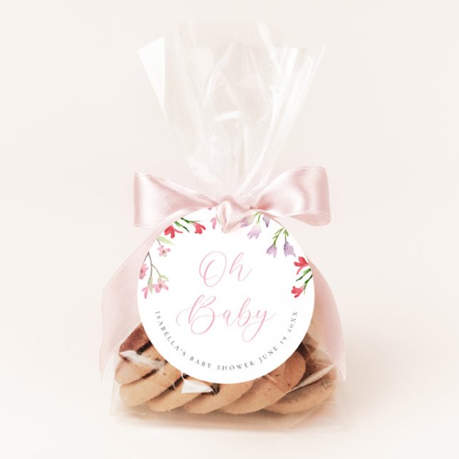 Étiquettes Cadeau Oh bébé aquarelle rose Baby shower fille (Créateur téléchargé)