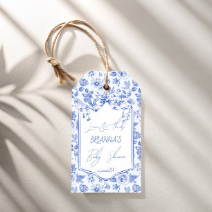 Étiquettes-cadeau Oh bébé bleu toile de Jouy esquisse baby shower