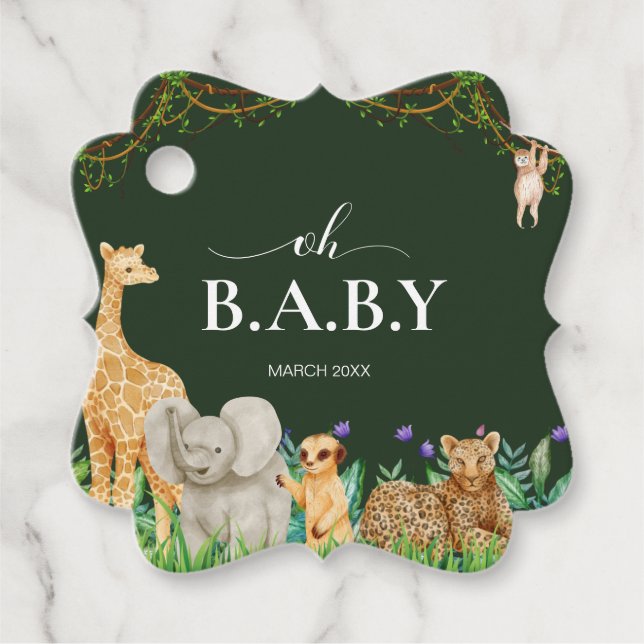 Étiquettes Cadeau Oh bébé Safar Animal Jungle Baby shower de verdure (Devant)