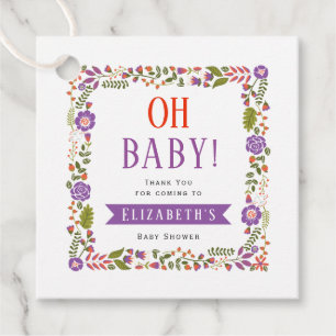 Étiquettes Cadeau Oh bébé, violet orange floral, baby‑shower, merci