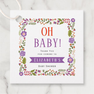 Étiquettes Cadeau Oh bébé, violet orange floral, baby‑shower, merci