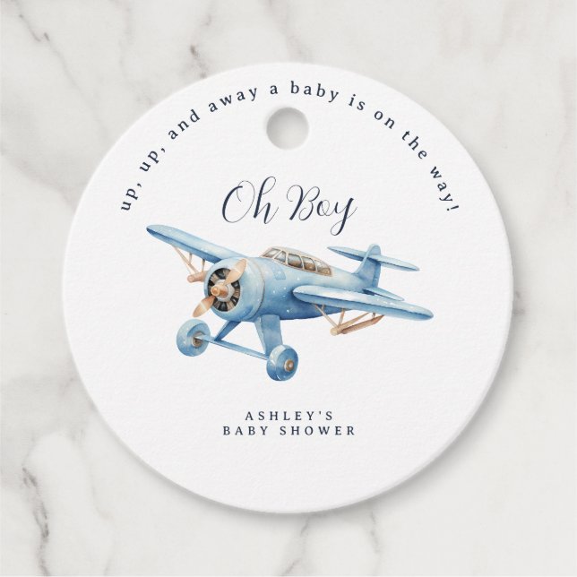 Étiquettes Cadeau Oh Boy! Adventure Awaits Airplane Boy Baby Shower (Devant)