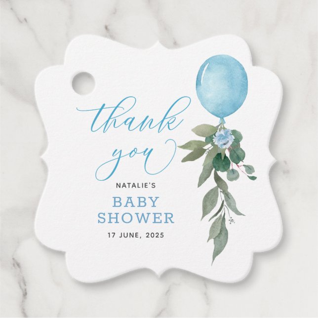 Étiquettes Cadeau Oh Boy Blue Balloon Baby shower de verdure (Devant)