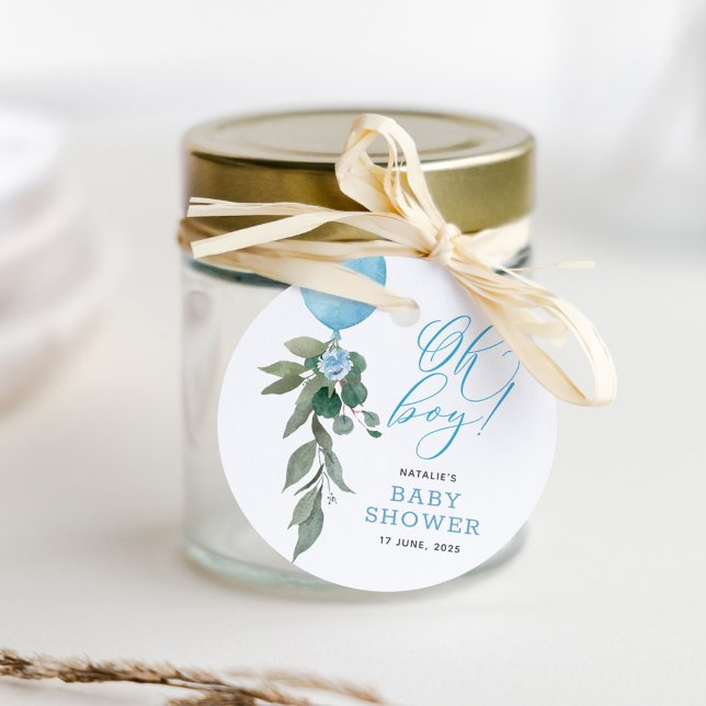 Étiquettes Cadeau Oh Boy Blue Balloon Baby shower de verdure (Créateur téléchargé)