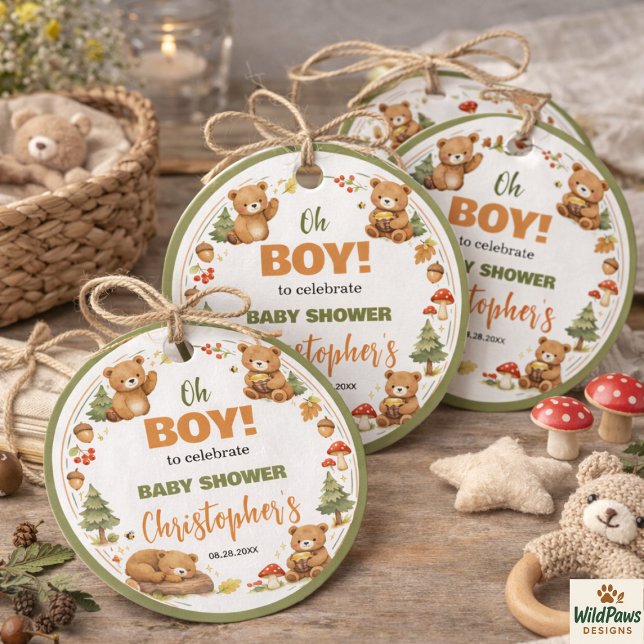 Étiquettes Cadeau Oh Boy Watercolor Woodland Bear Baby Shower (Oh Boy Watercolor Woodland Bear Baby Shower Favor Tags)