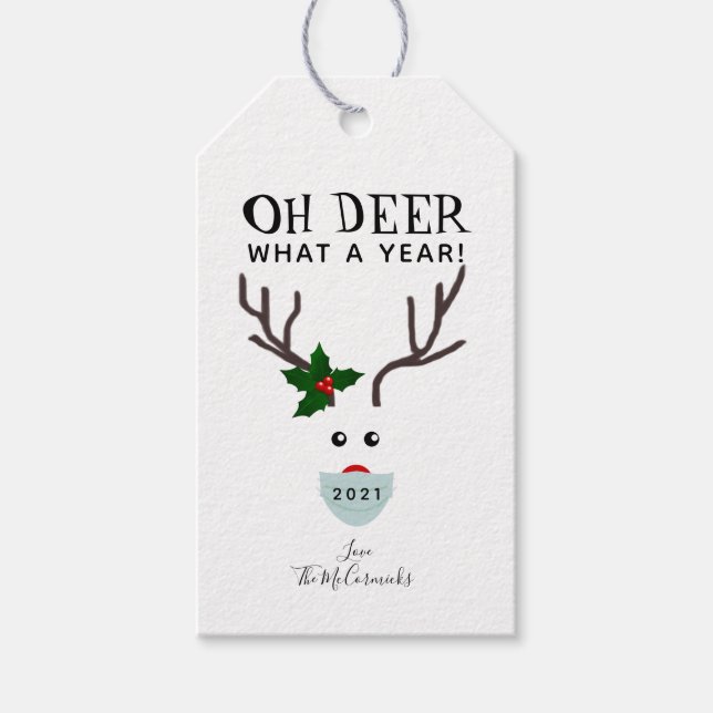 Étiquettes-cadeau Oh Deer 2021 Reindeer de Noël portant un masque fa (Devant)