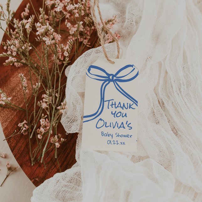 Étiquettes-cadeau Oh Garçon Bleu Main Écrite Baby shower de Bow tiré (Créateur téléchargé)