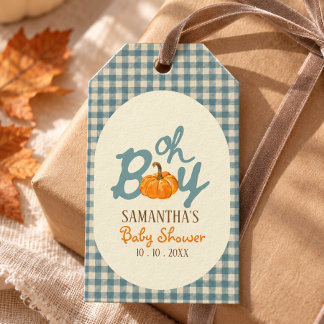 Étiquettes-cadeau Oh garcon citrouille gingham bleu baby shower