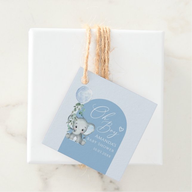 Étiquettes Cadeau Oh Garçon éléphant avec Baby shower à ballon (En situation)