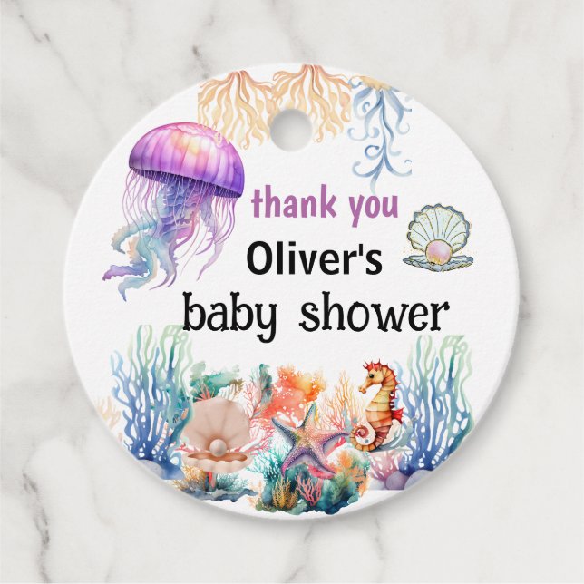 Étiquettes Cadeau oh garçon sous le baby shower de méduses de mer (Devant)