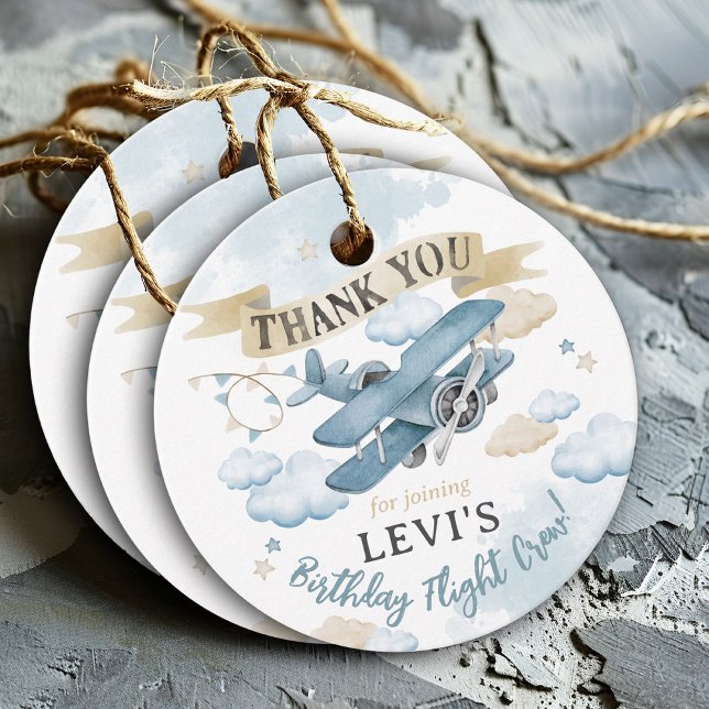 Étiquettes Cadeau Oh How Time Flies Airplane Birthday Party Favor (Oh My How Time Flies neutral watercolor blue plane airplane boy birthday party thank you favor tag)