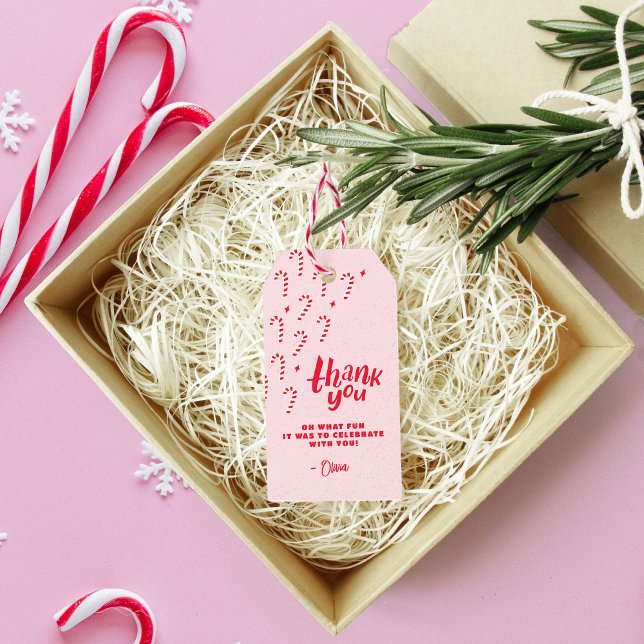 Étiquettes-cadeau Oh Quel Sucre de canne Fun Fun Anniversaire Merci (Candy cane birthday thank you tag with red and white twine )