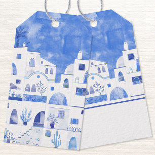 Étiquettes-cadeau Oia Santorini peinture aquarelle