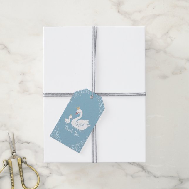 Étiquettes-cadeau Oiseau Baby shower cygne avec thème Couronne Bleu (Avec de la ficelle)