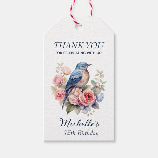 Étiquettes-cadeau Oiseau Bleu Fleurs Roses Merci  (Devant)