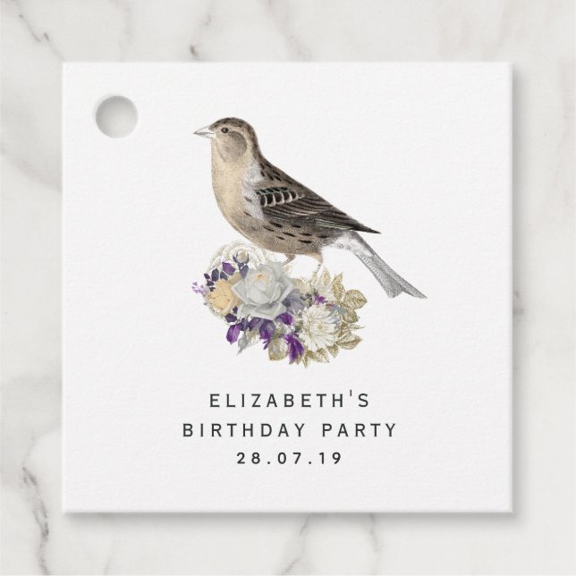 Étiquettes Cadeau Oiseau floral pourpre et ivoire Damas (Devant)