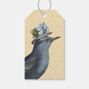 Étiquettes-cadeau Oiseau vintage portant un capot bleu