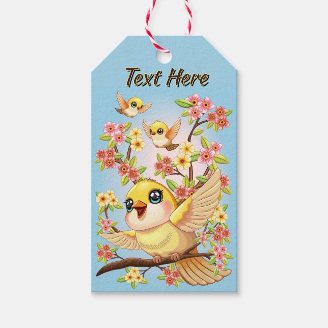 Étiquettes-cadeau Oiseaux mignons et heureux parmi les fleurs du pri (Devant)
