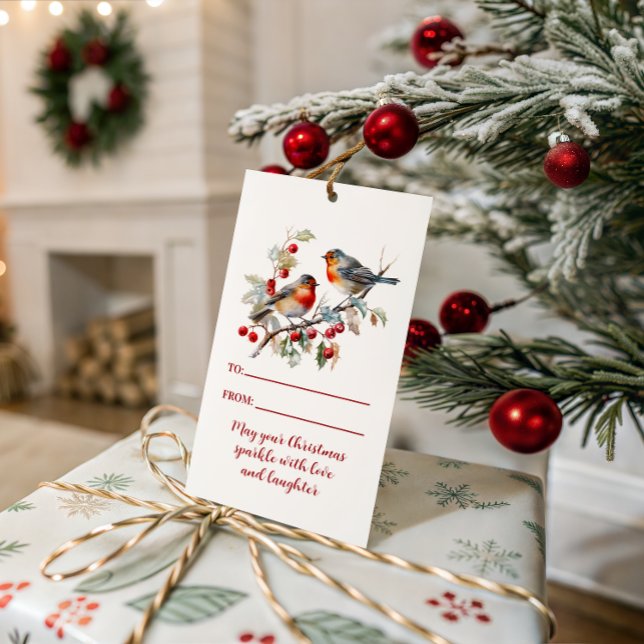 Étiquettes-cadeau Oiseaux sur branche de baie Noël |  (Créateur téléchargé)