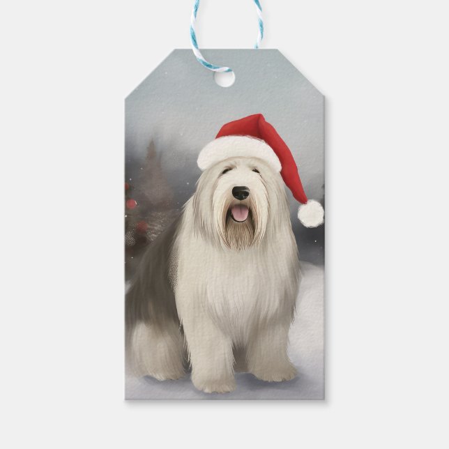 Étiquettes-cadeau Old English Sheepdog en Noël de neige (Devant)