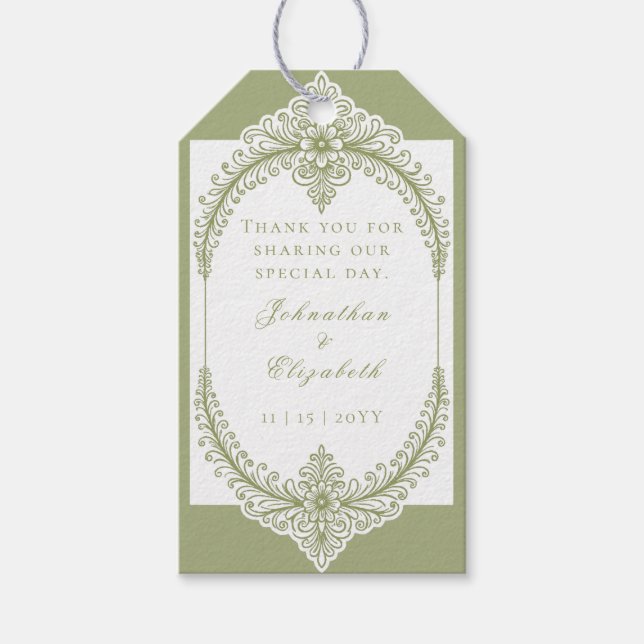 Étiquettes-cadeau Olive Green French Flourish Frame Mariage Faveur (Devant)