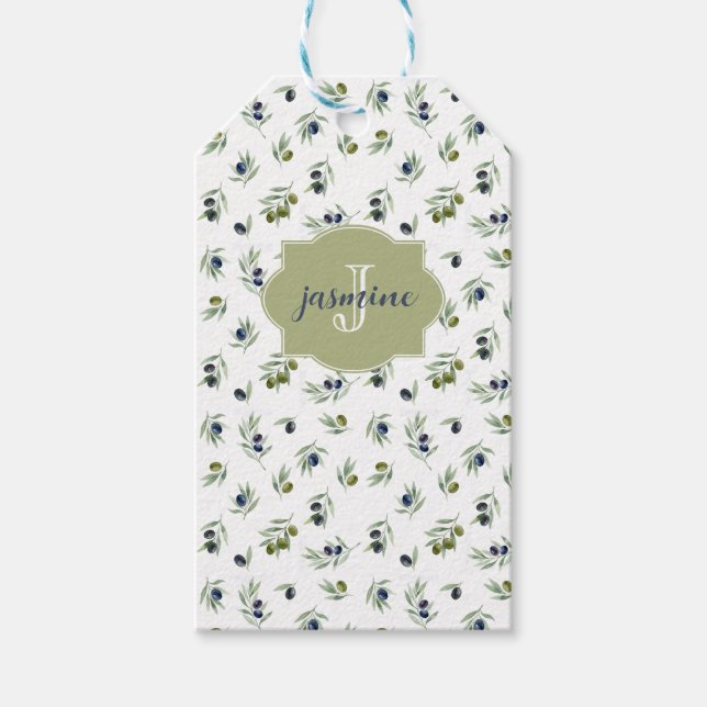 Étiquettes-cadeau Olive Green Monogram Name Watercolor Chic Pattern (Devant)