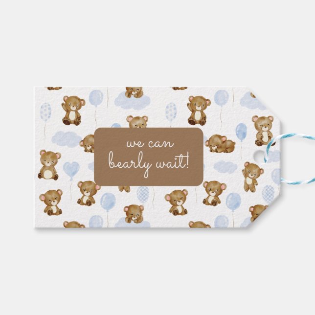 Étiquettes-cadeau On peut attendre ! Baby shower Garçon Teddy Bear (Devant (Horizontal))