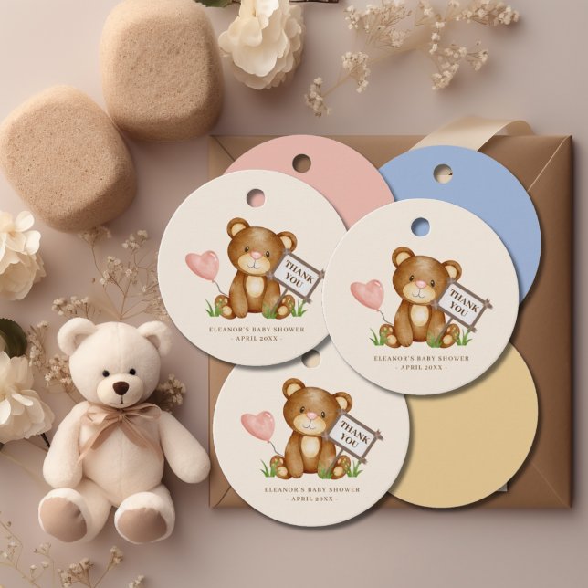 Étiquettes Cadeau On peut attendre Baby shower rose Merci (Créateur téléchargé)