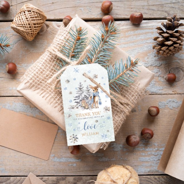 Étiquettes-cadeau ONE derland 1er anniversaire Blue Winter Cute Deer (Créateur téléchargé)
