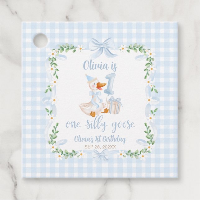 Étiquettes Cadeau One Silly Goose Blue Bow Floral 1st Birthday (Devant)