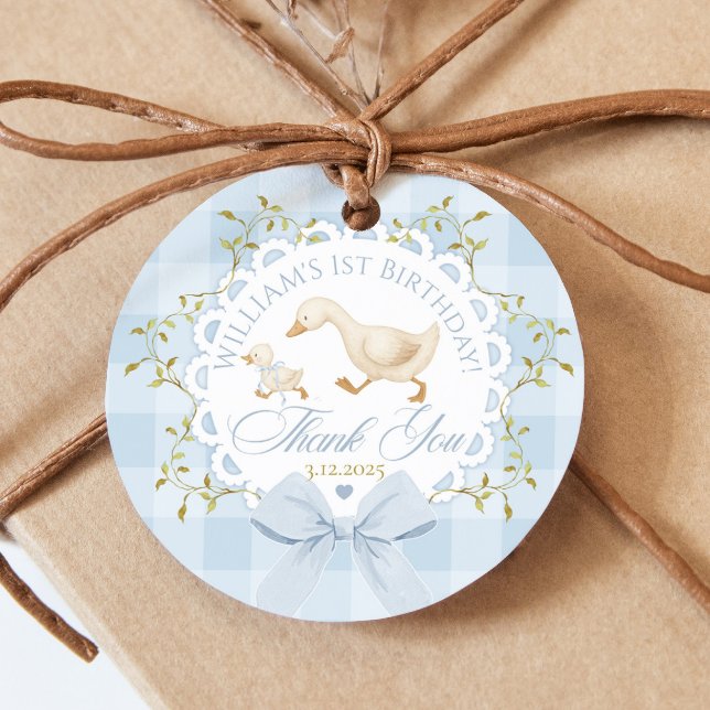 Étiquettes Cadeau One Silly Goose Blue Gingham Bow Thank you (Créateur téléchargé)