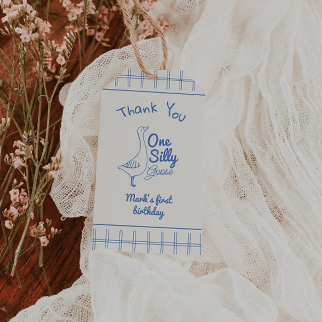 Étiquettes-cadeau One Silly Goose Blue Hand Drawn 1st Boy Birthday (Créateur téléchargé)