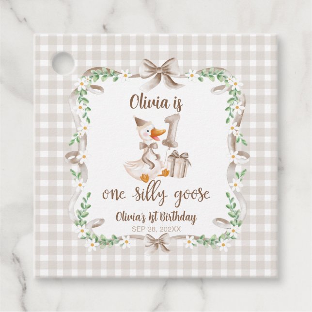Étiquettes Cadeau One Silly Goose Brown Bow 1st Birthday (Devant)