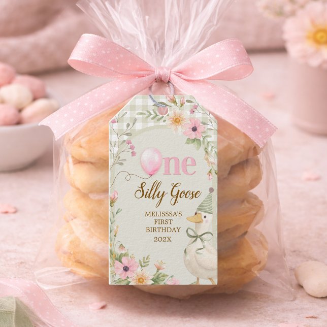 Étiquettes-cadeau One Silly Goose Gingham Floral First Birthday   (Créateur téléchargé)