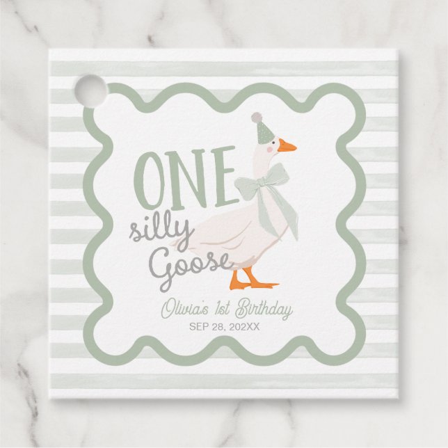 Étiquettes Cadeau One Silly Goose Green Bow 1st Birthday (Devant)