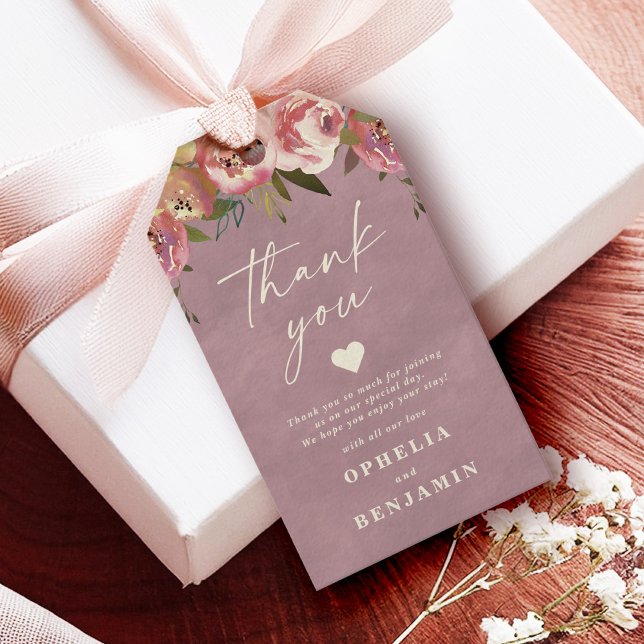Étiquettes-cadeau Ophelia Mariage rose Merci avec photo (Say "I DO" to Romantic Watercolor Florals and a Cottagecore Vibe with the Ophelia Wedding Suite.)