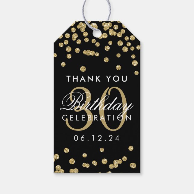 Étiquettes-cadeau Or 30e anniversaire Merci Confetti Noir (Devant)