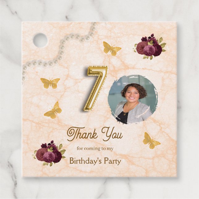 Étiquettes Cadeau Or 70 Anniversaire Bourgogne Roses anglaises & Rem (Devant)